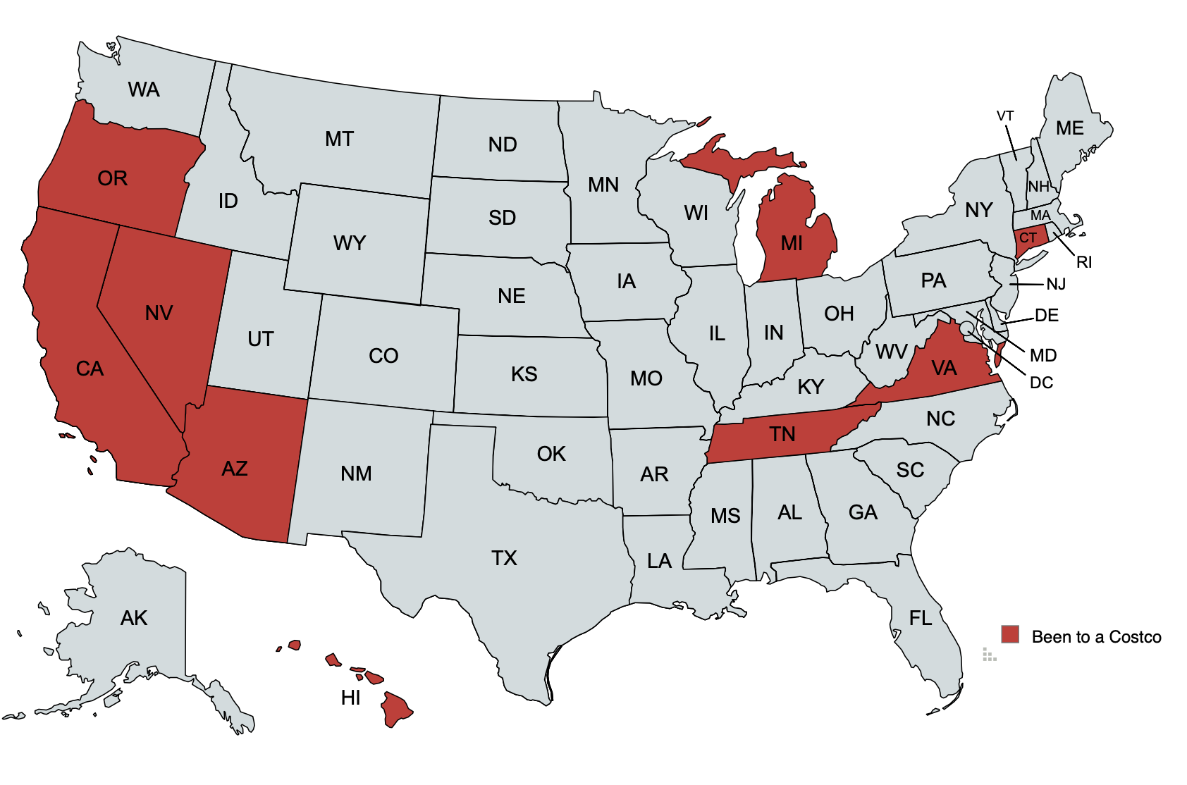 These are the states in which I've been to a Costco.